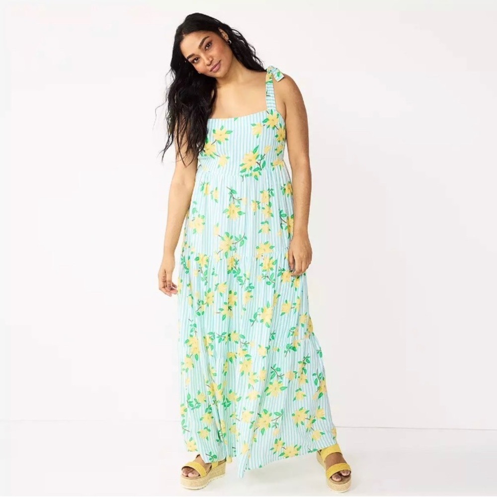 Draper James Mint Striped Maxi Dress with Yellow Floral Print